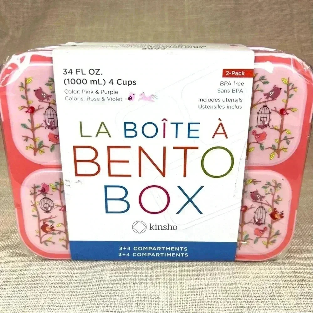 NEW 2 pk Bento Box Kinsho BPA free 34 fl oz‎ w/utensils unicorns and bird prints